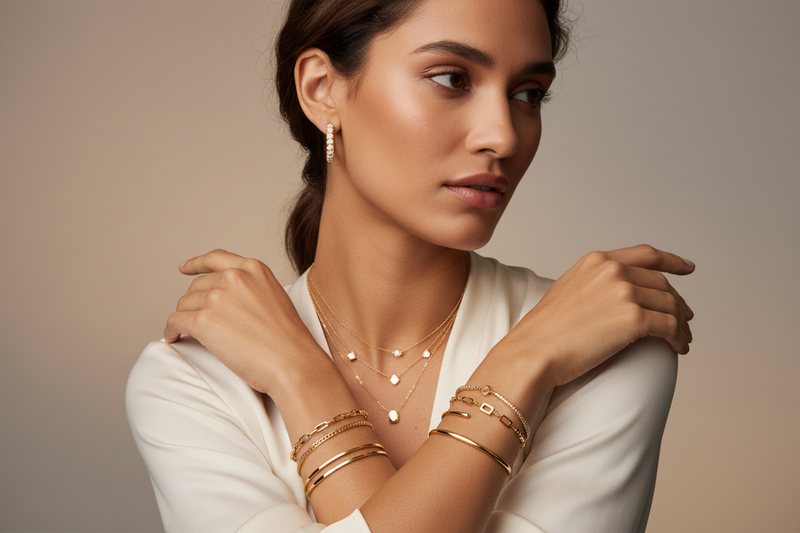 chica hermosa llevando prendas de oro