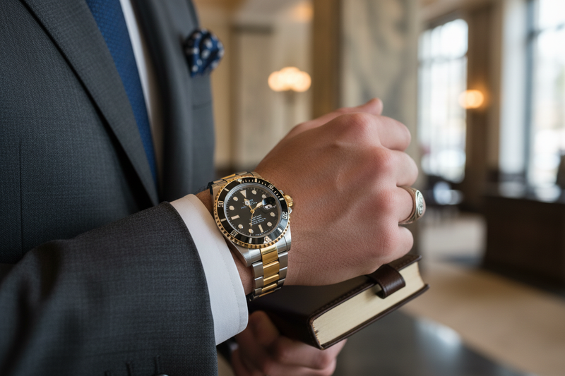 hombre caminando con un rolex en la mano 